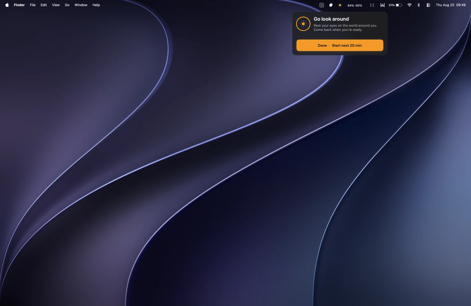 The HoldOn card at the top right of a Mac desktop, reading "Go look around" above a button that starts the next 20 minutes.